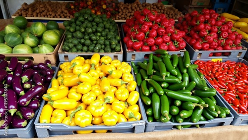 Vibrant Vegetable Market Stall with Fresh Produce and Rustic Display photo