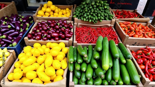 Vibrant Vegetable Market Stall with Fresh Produce and Rustic Display photo