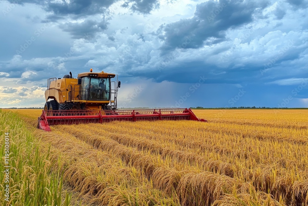 Obraz premium Harvesting Rice in a Golden Field