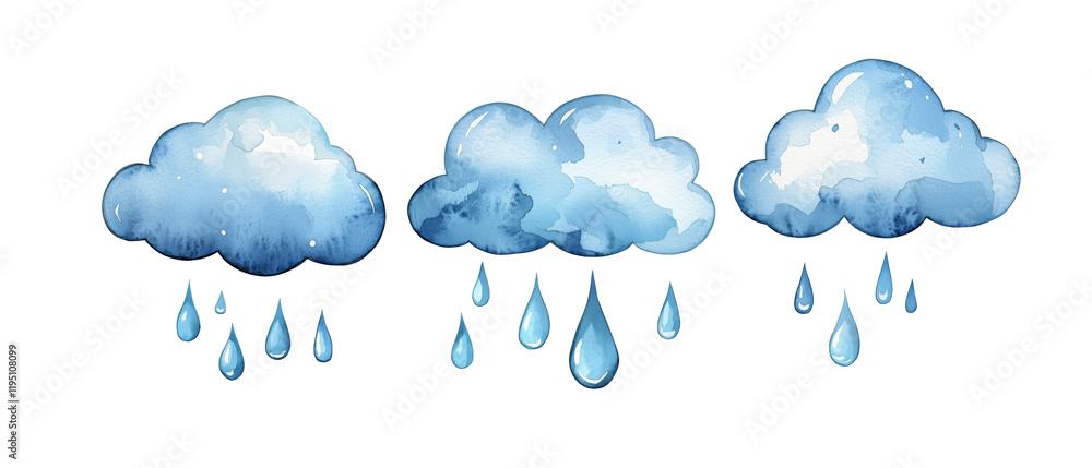Watercolor Clouds with Raindrops on Transparent Background Watercolor Clouds with Raindrops on Transparent Background