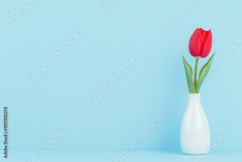 Minimalist Red Tulip in White Vase Against Soft Blue Background for Elegant Home Decor Art