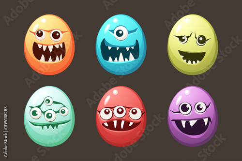 Easter monsters eggs with cute faces, big teeth and eyes. Colorful elliptical character illustration. Blue, red, cyan, green, yellow and purple guys.