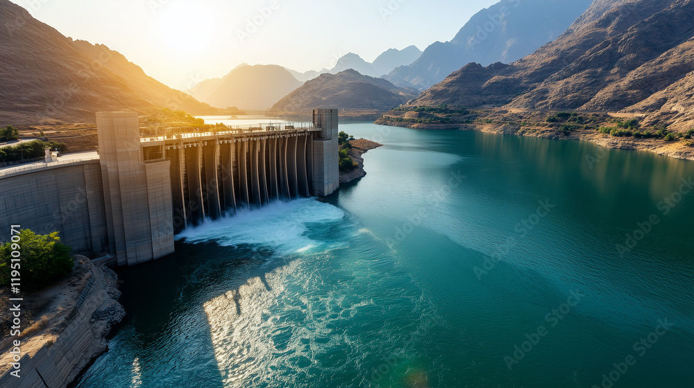 A massive concrete dam surrounded by towering mountains, dramatic water flow cascading down. A massive concrete dam surrounded by towering mountains, dramatic water flow cascading down.