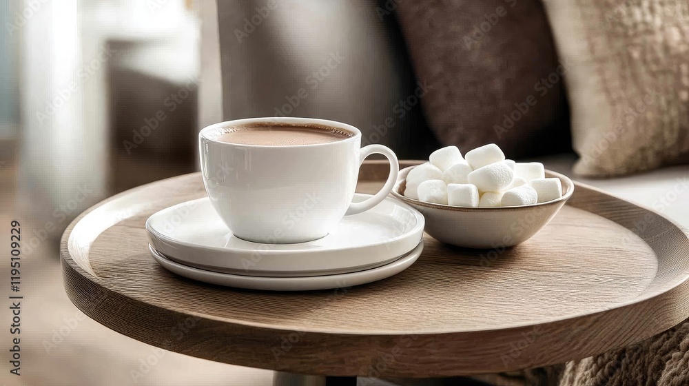 A warm cup of cocoa on a wooden table with a small bowl of mini marshmallows on the side A warm cup of cocoa on a wooden table with a small bowl of mini marshmallows on the side