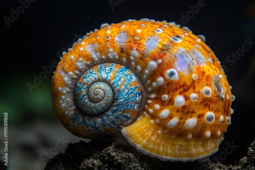 Colorful seashell resting on dark seabed, showing its intricate spiral patterns photo