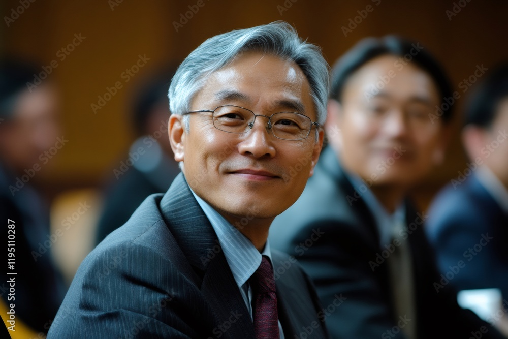 Smiling businessman wearing suit and glasses at conference Smiling businessman wearing suit and glasses at conference