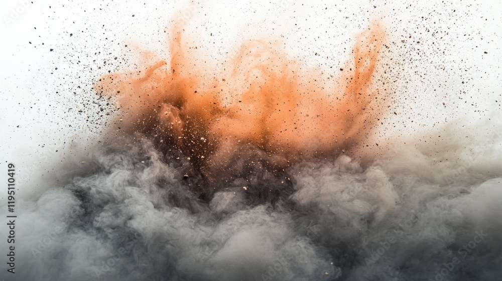 Fototapeta premium A mesmerizing explosion of vibrant dust and smoke bursts forth, enveloping the air in swirling clouds of orange and gray. The moment captures the raw power of nature's artistry