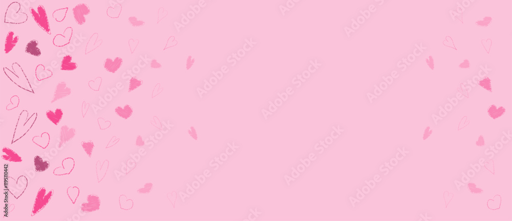 Pink crayon brush heart paint pattern. Abstract hand drawn Valentine day side border with chalk material. Cute pastel texture for 14 February. Lipstick or marker paintbrush love design with frame. Pink crayon brush heart paint pattern. Abstract hand drawn Valentine day side border with chalk material. Cute pastel texture for 14 February. Lipstick or marker paintbrush love design with frame.