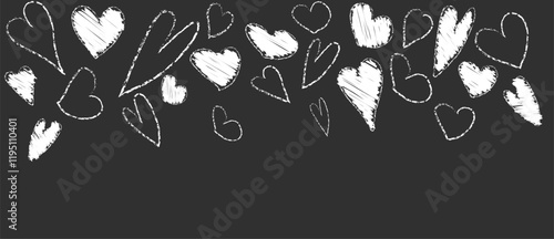 White pastel brush heart paint pattern. Hand drawn abstract Valentine border with crayon material on black background. Grunge chalk scribble for 14 February. Lipstick or marker paintbrush design.