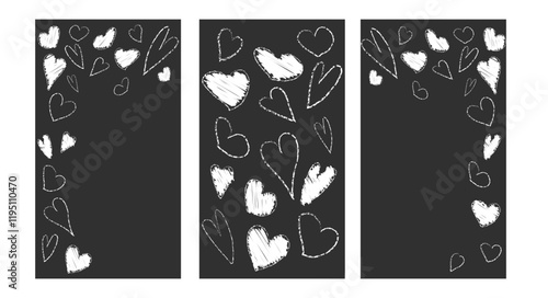 Pastel brush heart pattern for vertical story. Black and white hand drawn valentine banner. Abstract freehand border for love day frame. Cute lipstick texture scratch on template for party design.