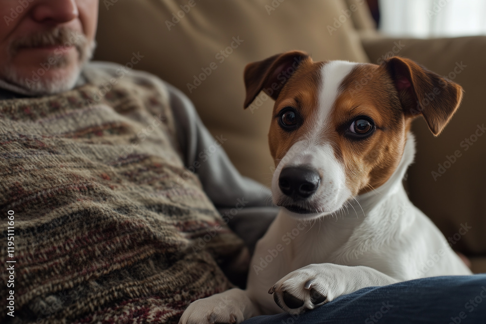 Jack Russell terrier sitting close to owner in cozy indoor setting during relaxed afternoon Jack Russell terrier sitting close to owner in cozy indoor setting during relaxed afternoon