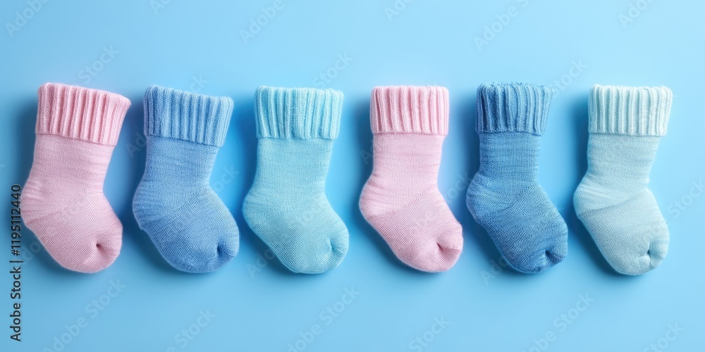 Flat lay of pastel baby socks in pink and blue on a light blue background arranged in pairs, featuring ribbed cuffs and soft textures. Flat lay of pastel baby socks in pink and blue on a light blue background arranged in pairs, featuring ribbed cuffs and soft textures.