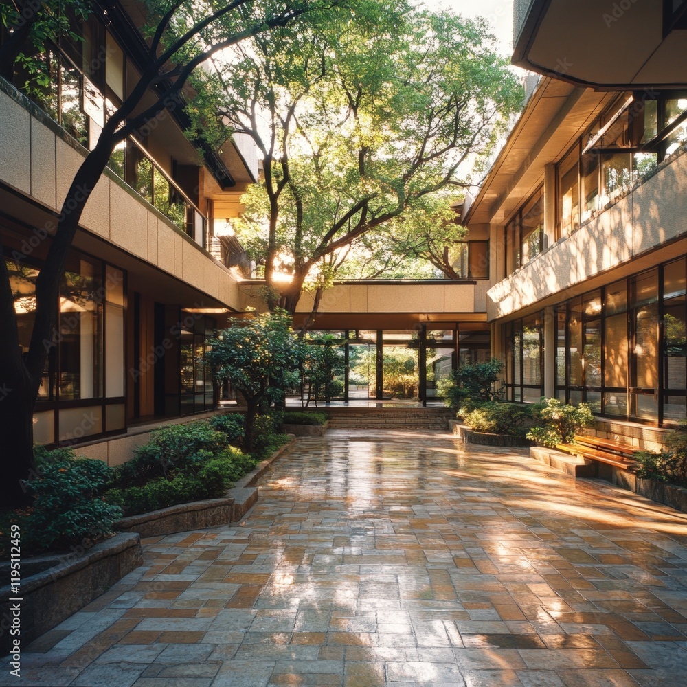 Fototapeta premium Serene Courtyard with Sunlit Pathways and Lush Greenery in Modern Architectural Design