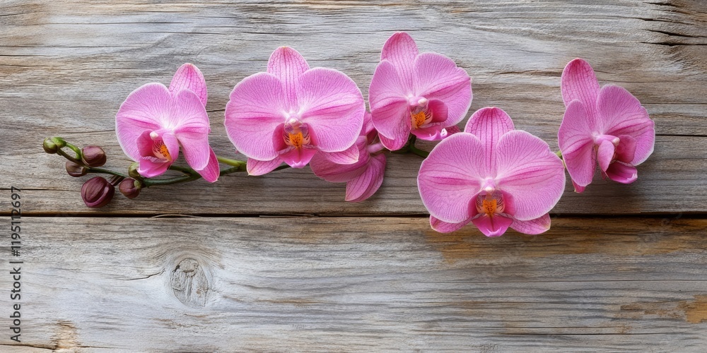 Pink Cooktown Orchids arranged along a rustic wooden background with soft textures and natural grains enhancing floral beauty and elegance.