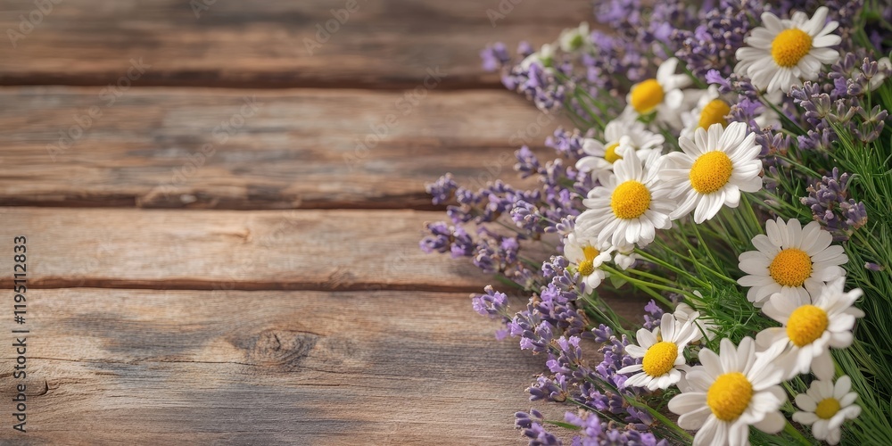 Obraz premium Delicate white daisies and lavender flowers arranged on rustic wooden background with soft natural lighting highlighting the vibrant colors.