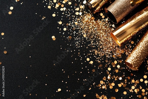 Glittering Gold Confetti and Sparkling Streamers on a Black Background for Celebrations and Parties photo