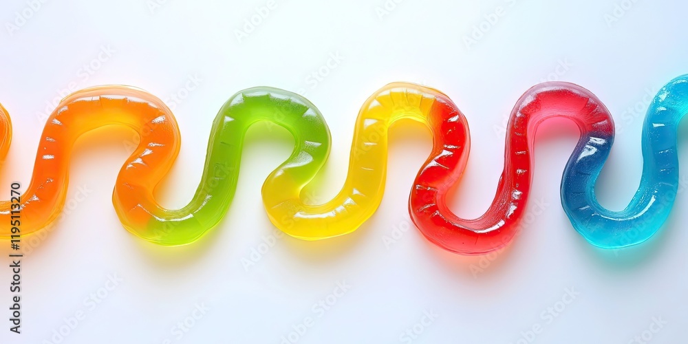 Naklejka premium Colorful gummy jelly snakes in a wavy line featuring orange, yellow, green, red, and blue tones on a white background with ample copy space