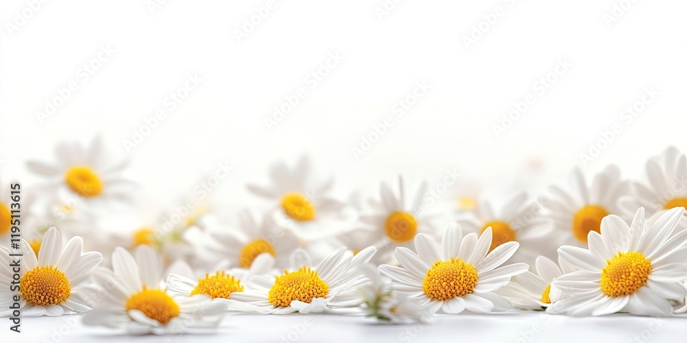 Obraz premium Daisy flowers with white petals and yellow centers scattered across a soft white background blurred for depth of field effect