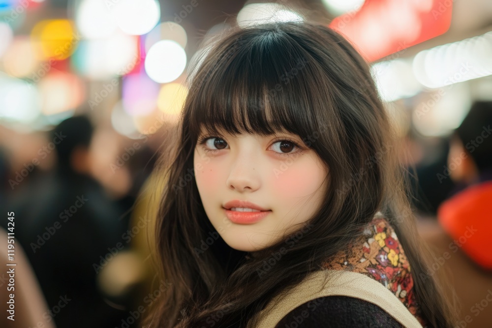 Fototapeta premium Captivating Portrait of a Young Woman in a Vivid Urban Setting, Highlighting Nature of City Lights and Modern Fashion Trends
