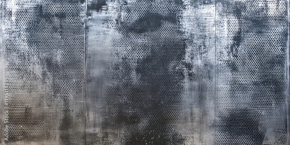Obraz premium Textured silver metal mesh backdrop with black and white shades, featuring a perforated design and a modern distressed finish.