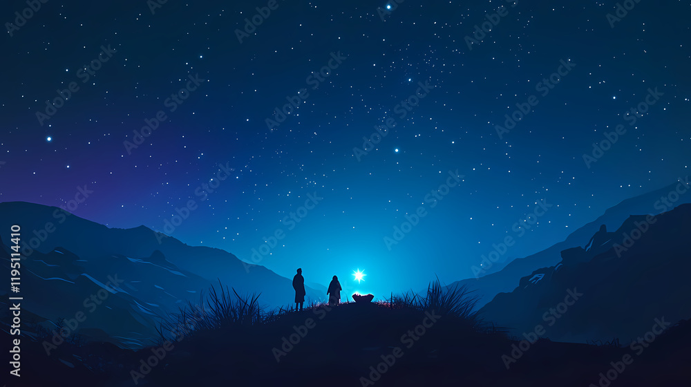 Fototapeta premium Nativity silhouette under starlit sky radiant star bethlehem night. Starbright. Illustration