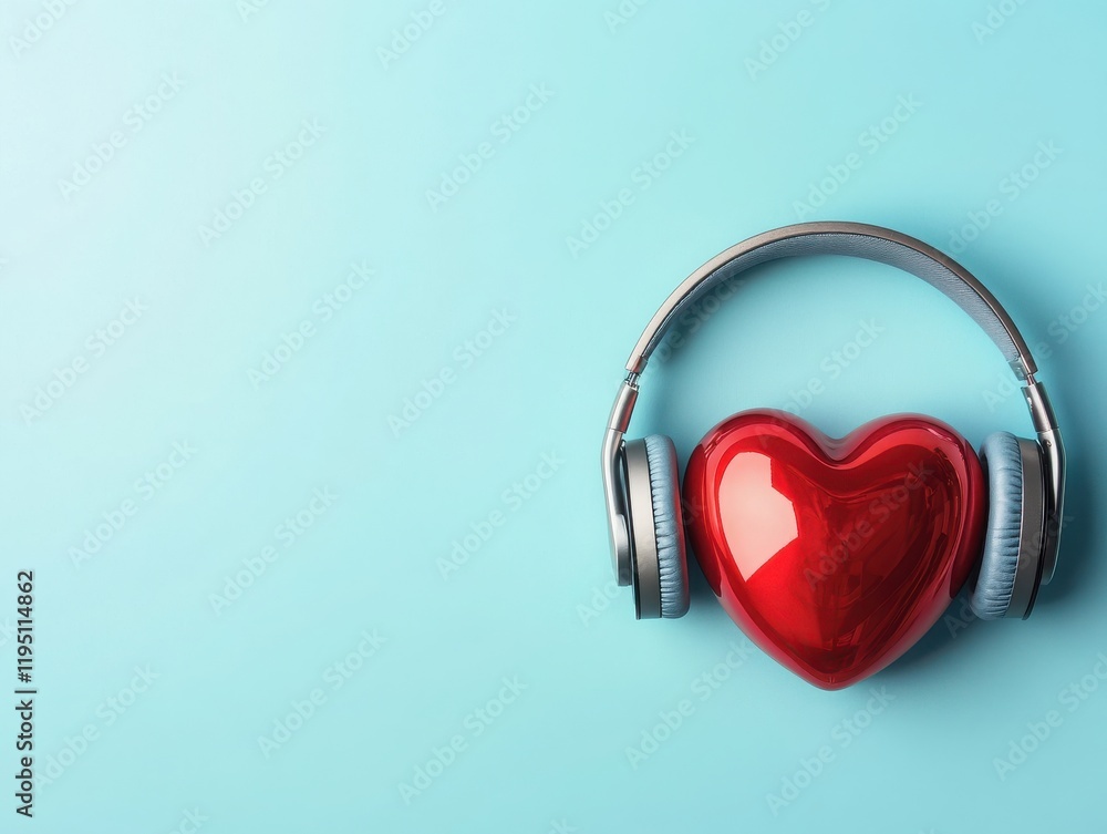 A vibrant heart shaped object resting on headphones, symbolizing the connection between love and music, set against a blue backdrop. A vibrant heart shaped object resting on headphones, symbolizing the connection between love and music, set against a blue backdrop.