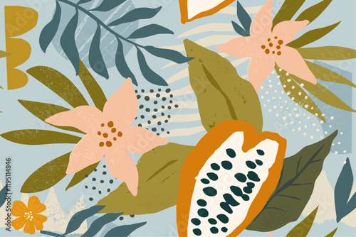 Collage contemporary floral seamless pattern. Modern exotic jungle Cocoa beans, flowers and plants illustration in vector.