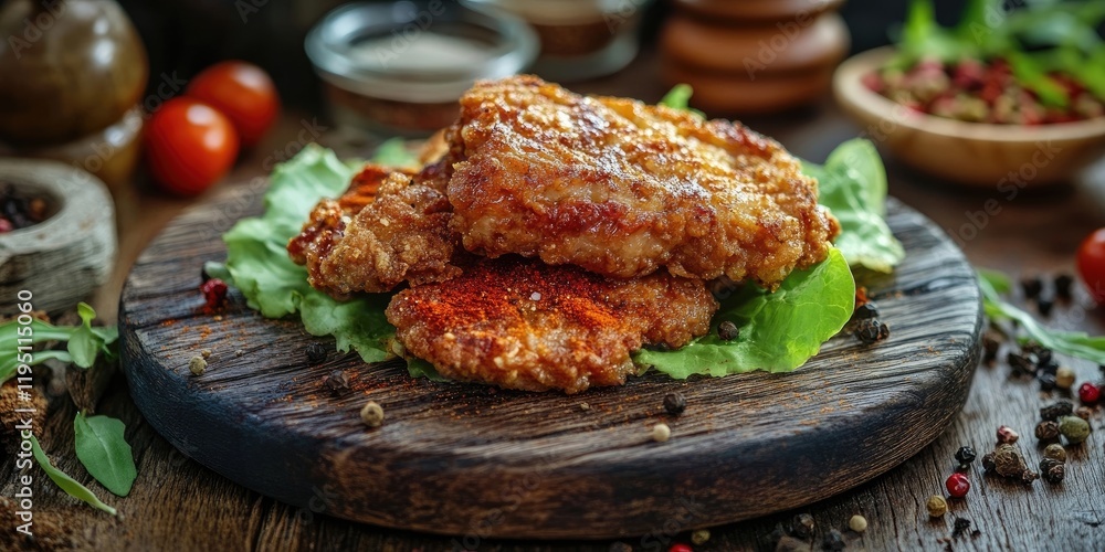 Crispy fried veal steak stacked on fresh lettuce leaves with a spice blend on a rustic wooden plate surrounded by scattered spices and tomatoes Crispy fried veal steak stacked on fresh lettuce leaves with a spice blend on a rustic wooden plate surrounded by scattered spices and tomatoes