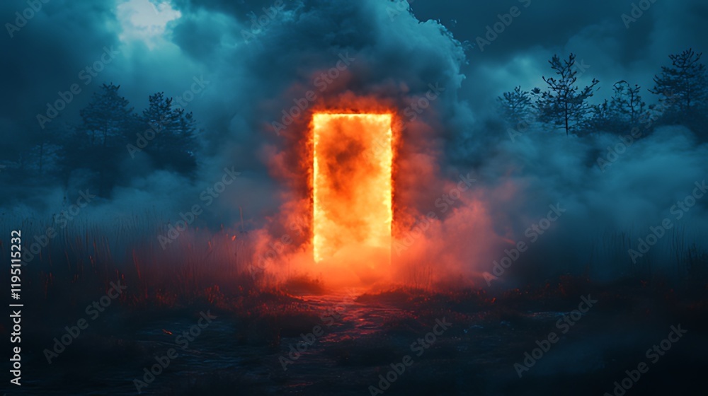 Fiery portal in a mystical forest at night. Fiery portal in a mystical forest at night.
