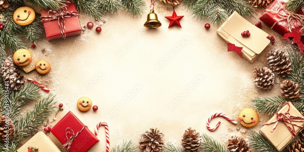 custom made wallpaper toronto digitalFestive holiday scene with red and gold gift boxes pine branches and cones scattered around a blank cream paper in center with smiley cookies
