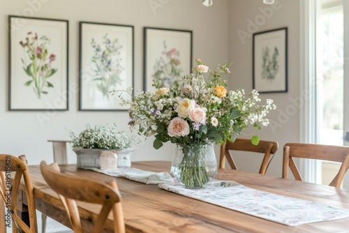 Bouquet of roses and baby's breath decorating dining room table