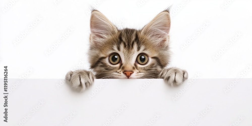 Curious fluffy kitten with large eyes peeking over a blank white sign positioned centrally against a bright white background Curious fluffy kitten with large eyes peeking over a blank white sign positioned centrally against a bright white background