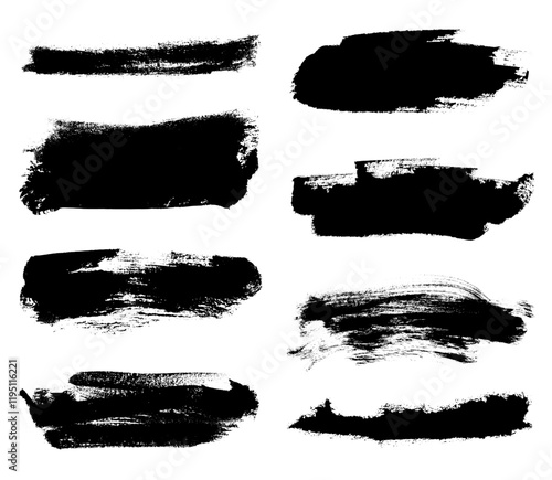 Bold Brush Strokes Vector Set. Grunge Rectangle Big Paintbrush Texture Set. Hand draw thick brush lines for highlish and underline. Black ink brush strokes