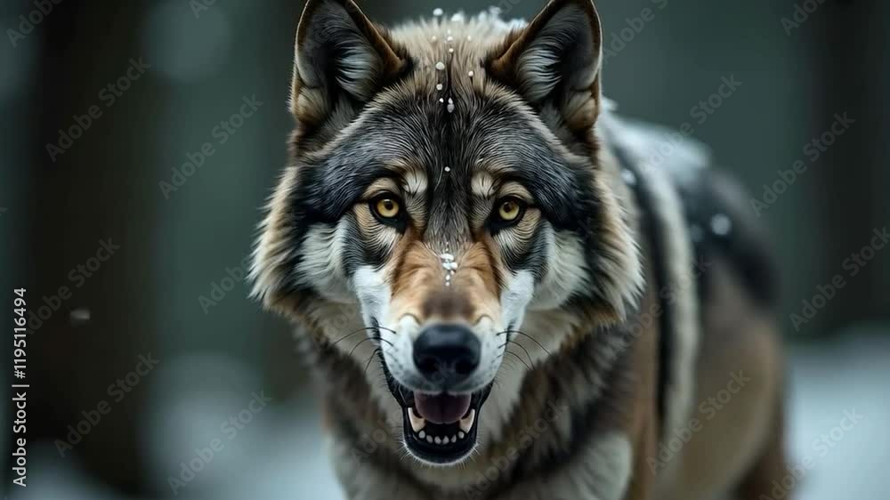 Fierce gray wolf with sharp teeth bared, piercing yellow eyes and snowflakes on its back in the snow Fierce gray wolf with sharp teeth bared, piercing yellow eyes and snowflakes on its back in the snow