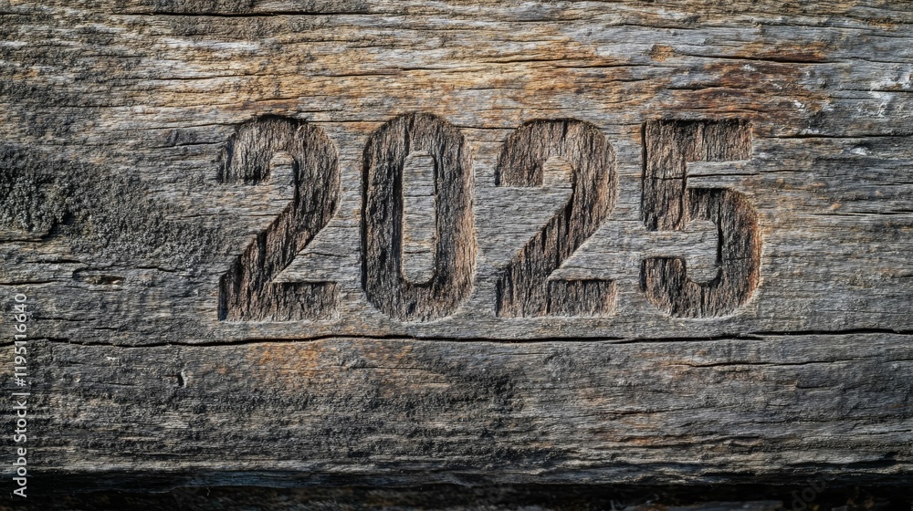 Carved numbers 2025 on weathered wood. Carved numbers 2025 on weathered wood.