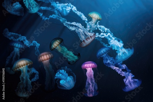 A mesmerizing underwater scene showcasing a diverse group of jellyfish gracefully floating in the deep ocean. photo