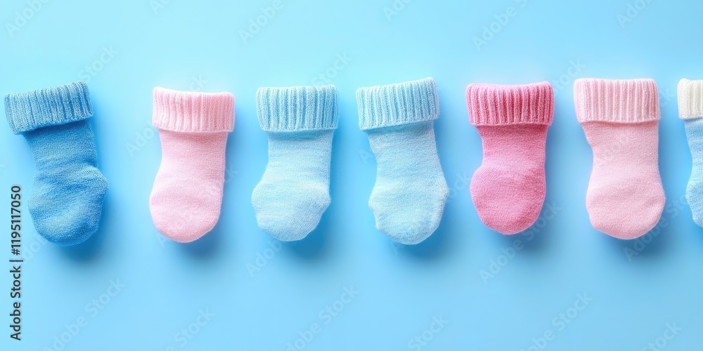 Flat lay of adorable baby socks in shades of blue and pink arranged in pairs against a light blue background showcasing baby accessories Flat lay of adorable baby socks in shades of blue and pink arranged in pairs against a light blue background showcasing baby accessories