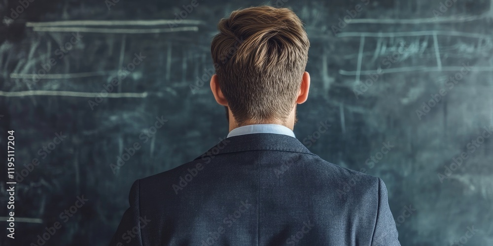 Business professional in dark suit facing blackboard with chalk markings, emphasizing leadership and learning environment, soft natural lighting. Business professional in dark suit facing blackboard with chalk markings, emphasizing leadership and learning environment, soft natural lighting.