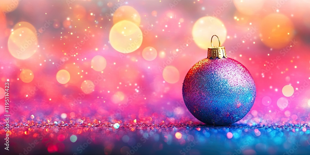 Fototapeta premium Colorful New Year ornament in shades of pink and blue with a shimmering surface positioned centrally against a vibrant bokeh background