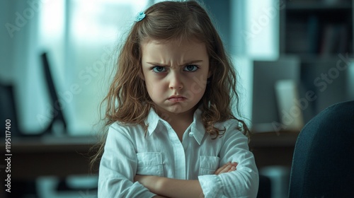 Angry girl in white shirt with crossed arms indoors. photo