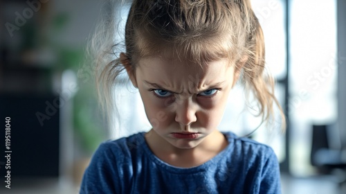 Girl in blue shirt with upset look and loose hair photo