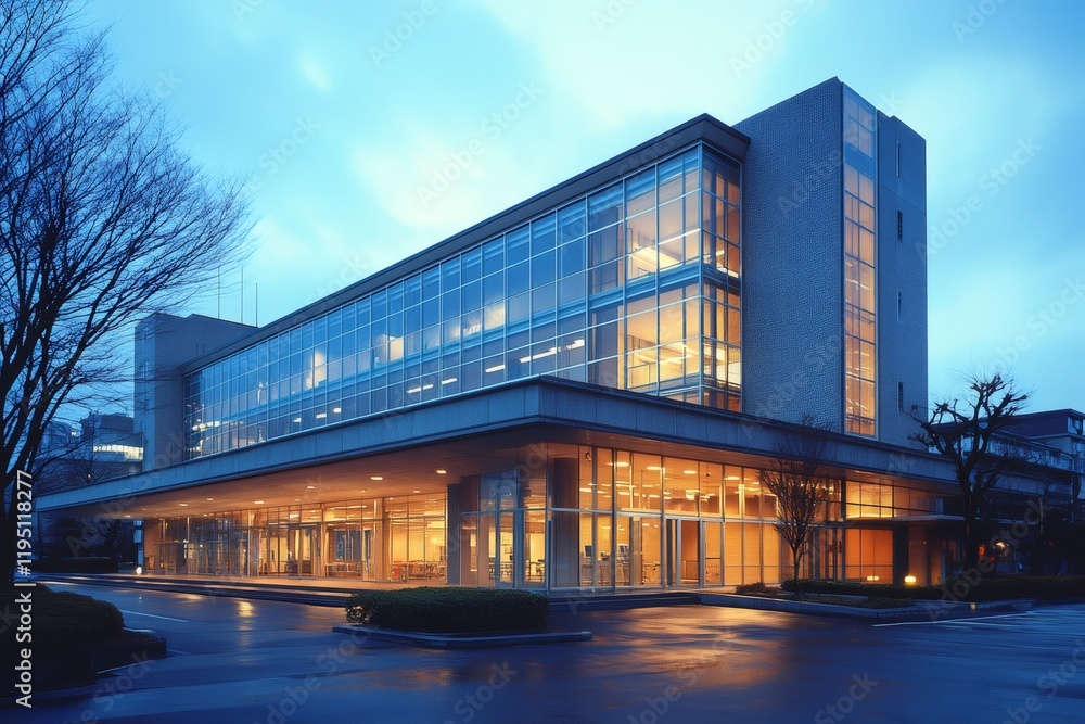 Modern building illuminating the night with warm light Modern building illuminating the night with warm light