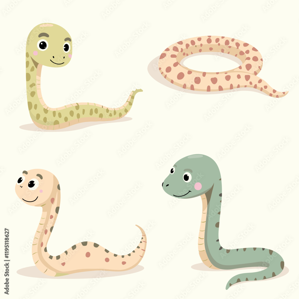Naklejka premium Cute Snake Illustrations in Flat Style, Isolated on Transparent Background with Color Variations
