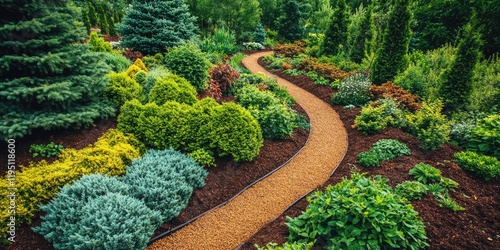 Lush garden landscape featuring curved pathways among vibrant green shrubs and evergreen trees with rich brown mulch inviting tranquility photo