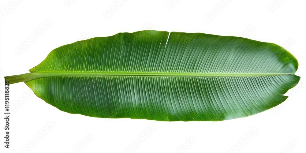 Fototapeta premium Large green banana leaf on a white background, showcasing its smooth, ribbed texture and vibrant color, ideal for tropical design themes.