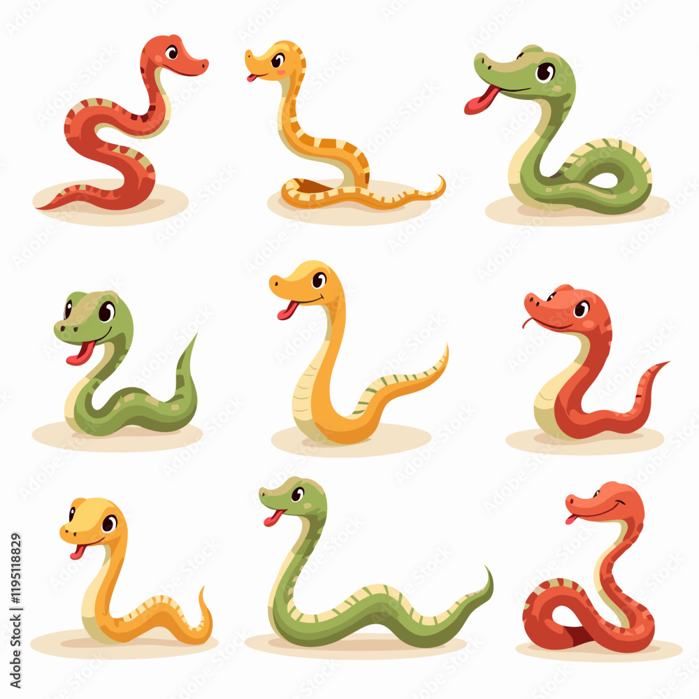 Naklejka premium Flat Style Cute Snake Illustrations in Various Colors, Isolated on Transparent Background with Margins 