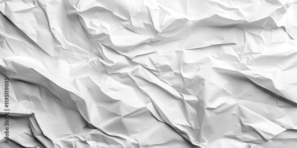 Obraz premium Crumpled white paper texture with varying shades of white and soft shadows creating depth across the surface, showcasing intricate folds and creases.