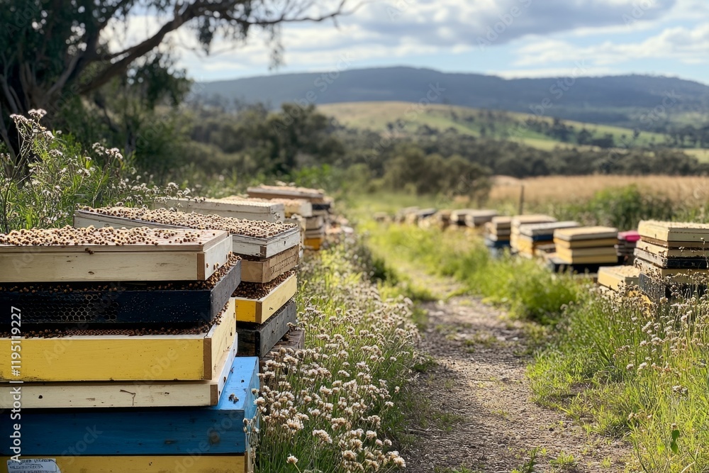 Honeybee Hives in a Scenic Rural Landscape Honeybee Hives in a Scenic Rural Landscape