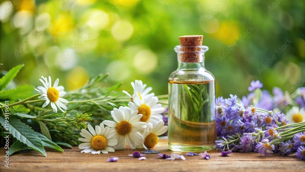 Detailed image of a bottle of essential oil filled with fragrant herbs such as lavender and chamomile against a soft green background , plant-based, aromatherapy Detailed image of a bottle of essential oil filled with fragrant herbs such as lavender and chamomile against a soft green background , plant-based, aromatherapy