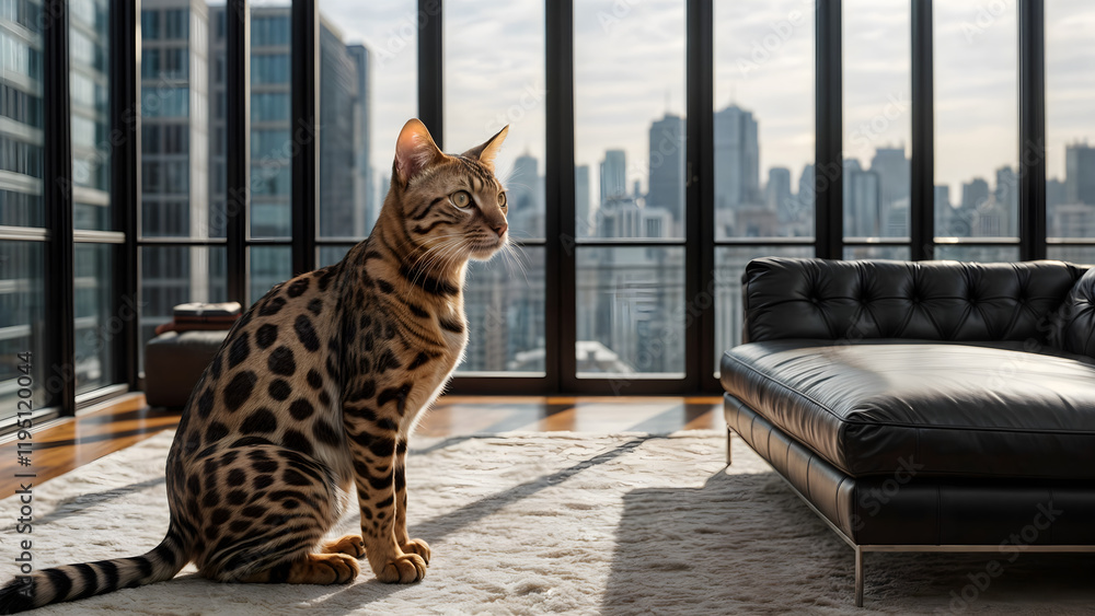 Obraz premium Elegant Bengal Cat Sitting on a Fluffy Rug in a Modern Apartment with City Skyline View